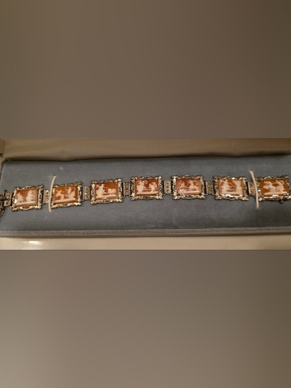 Vintage Sterling Silver Carved Roman Greek Chariot Cameo Antique Bracelet